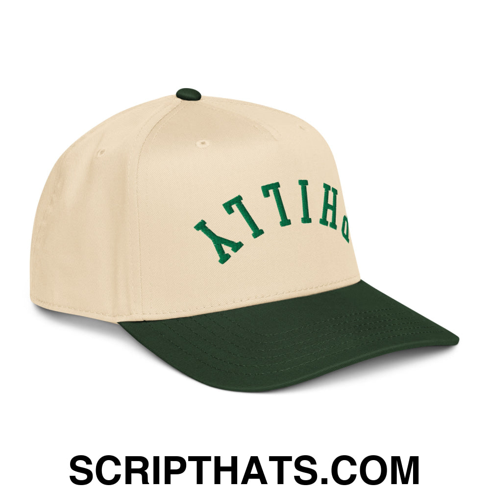 Upside Down Philly Embroidered Baseball Snapback Hat Dark Green Natural