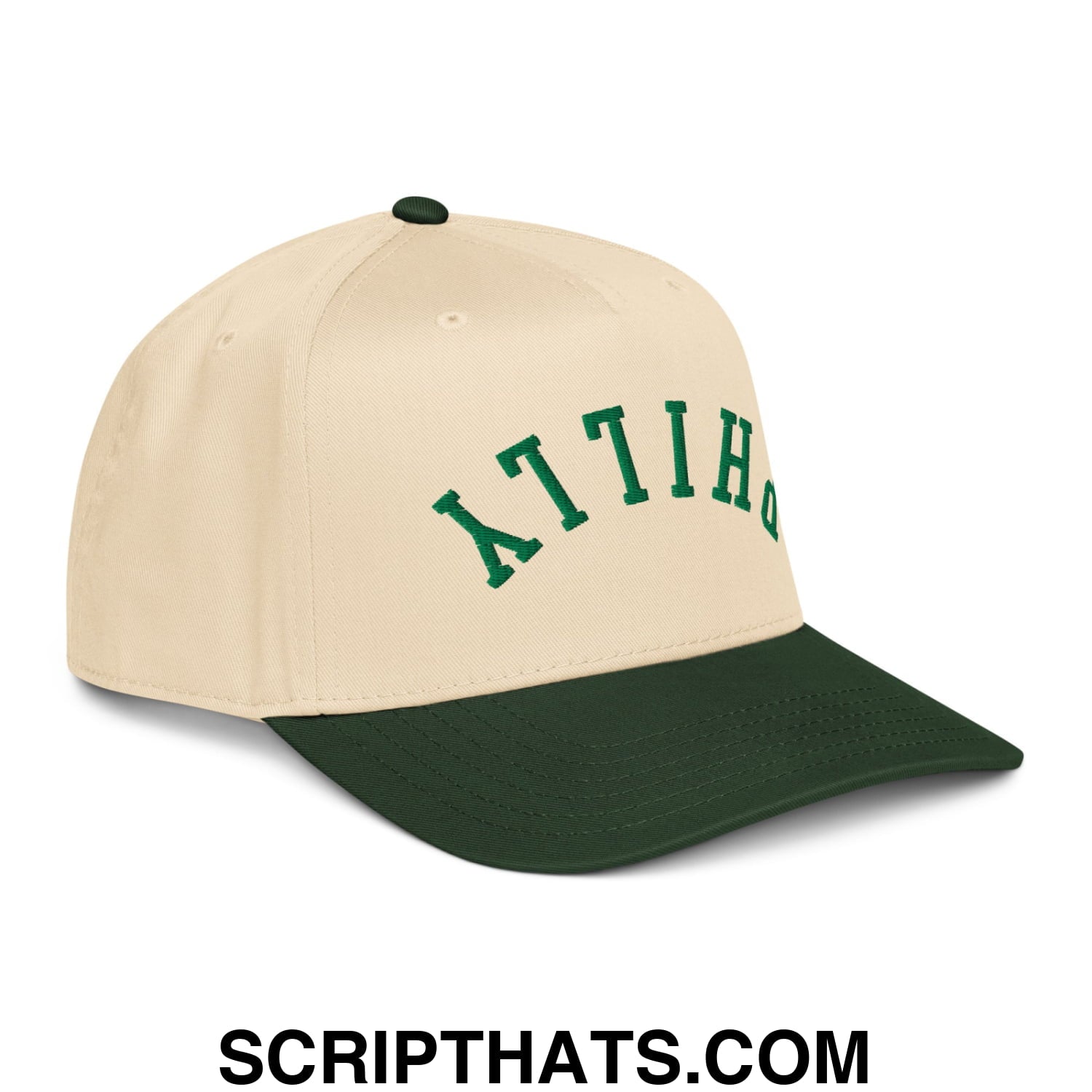 Upside Down Philly Embroidered Baseball Snapback Hat Dark Green Natural