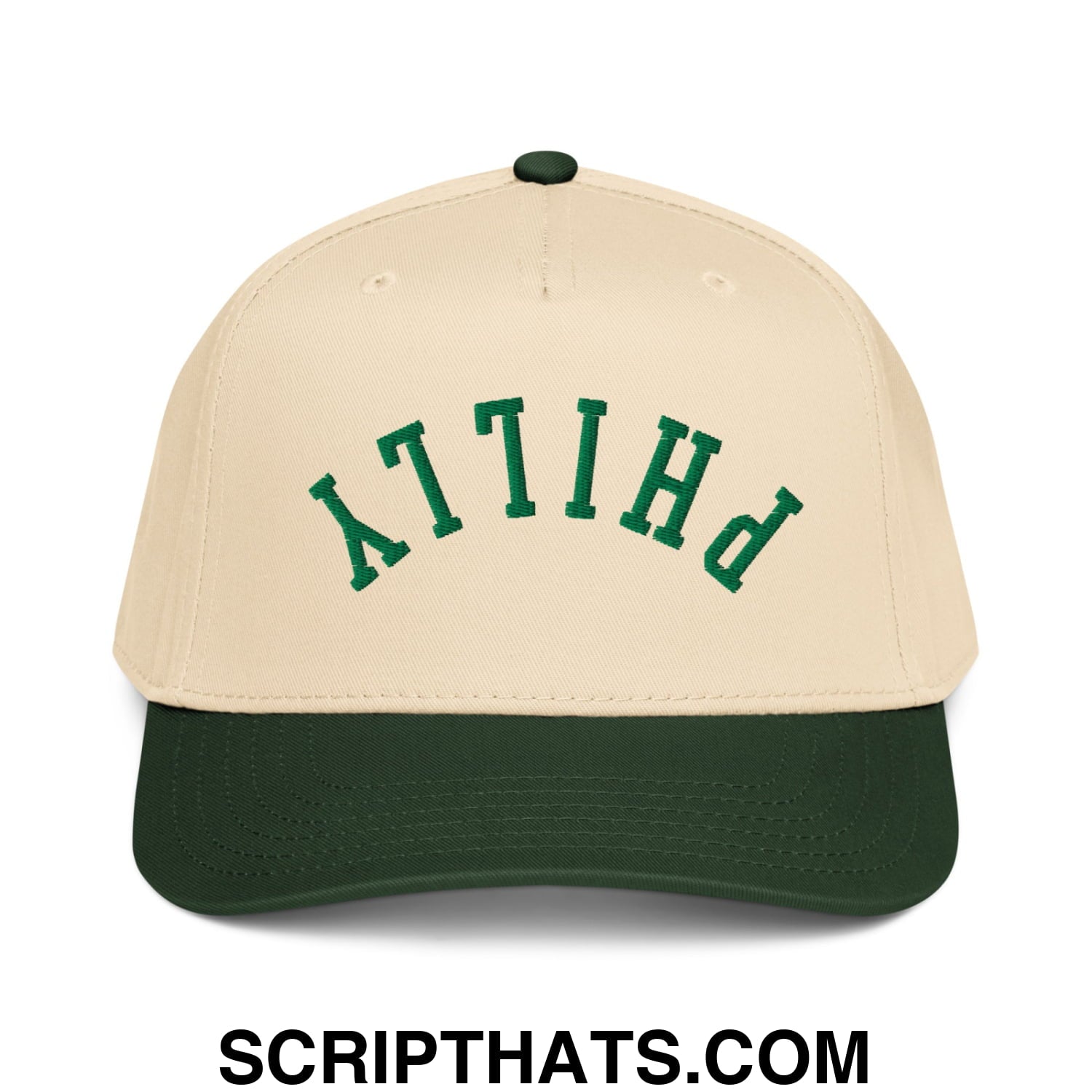 Upside Down Philly Embroidered Baseball Snapback Hat Dark Green Natural