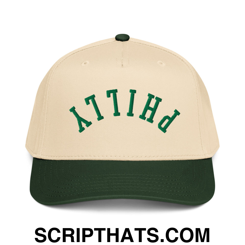 Upside Down Philly Embroidered Baseball Snapback Hat Dark Green Natural