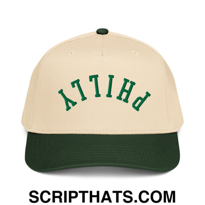 Upside Down Philly Embroidered Baseball Snapback Hat Dark Green Natural