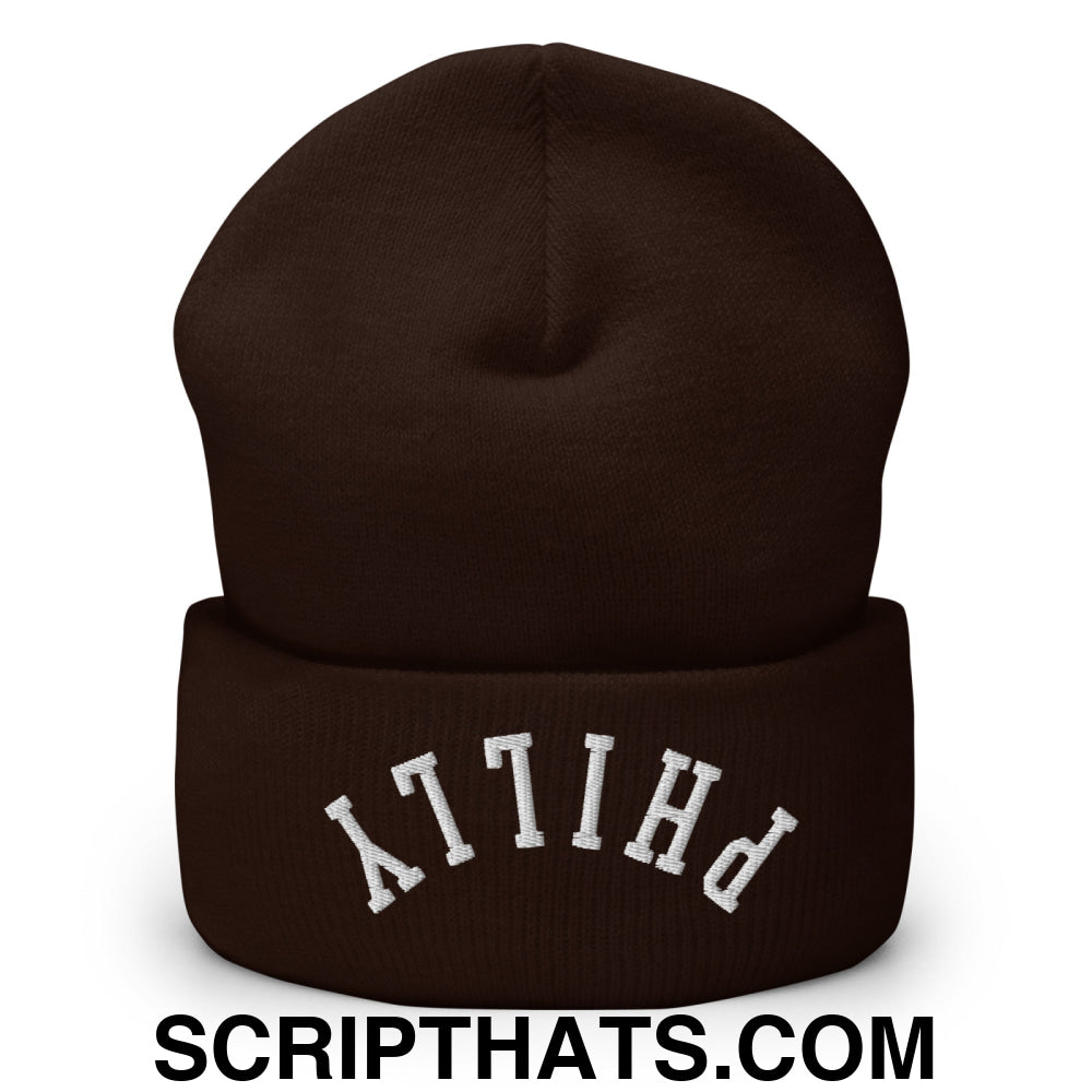 Upside Down Philly Embroidered Cuffed Knit Beanie Brown