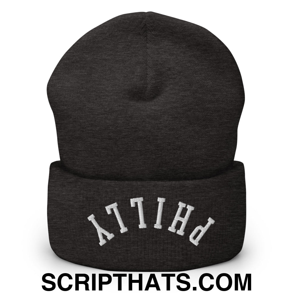 Upside Down Philly Embroidered Cuffed Knit Beanie Dark Grey