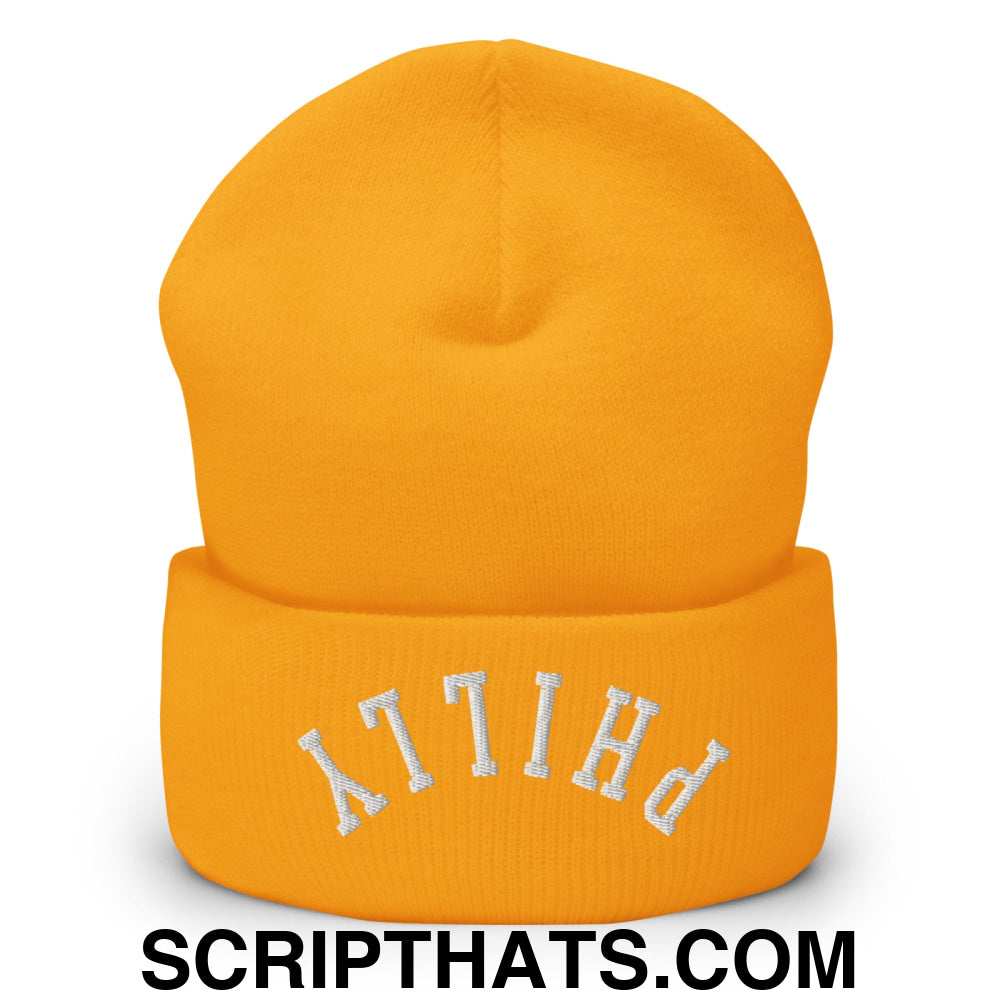 Upside Down Philly Embroidered Cuffed Knit Beanie Gold
