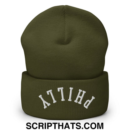 Upside Down Philly Embroidered Cuffed Knit Beanie Olive
