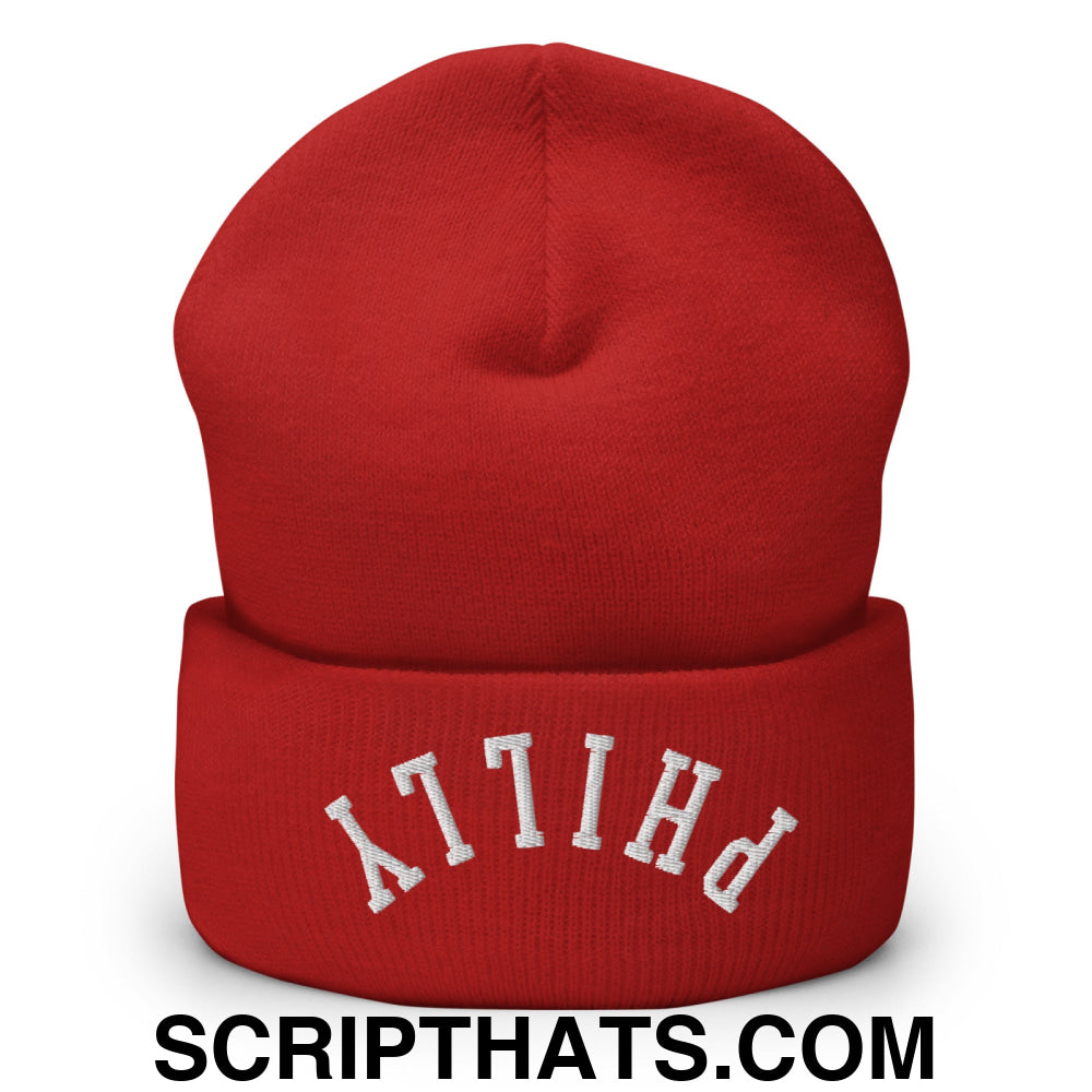 Upside Down Philly Embroidered Cuffed Knit Beanie Red