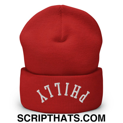 Upside Down Philly Embroidered Cuffed Knit Beanie Red