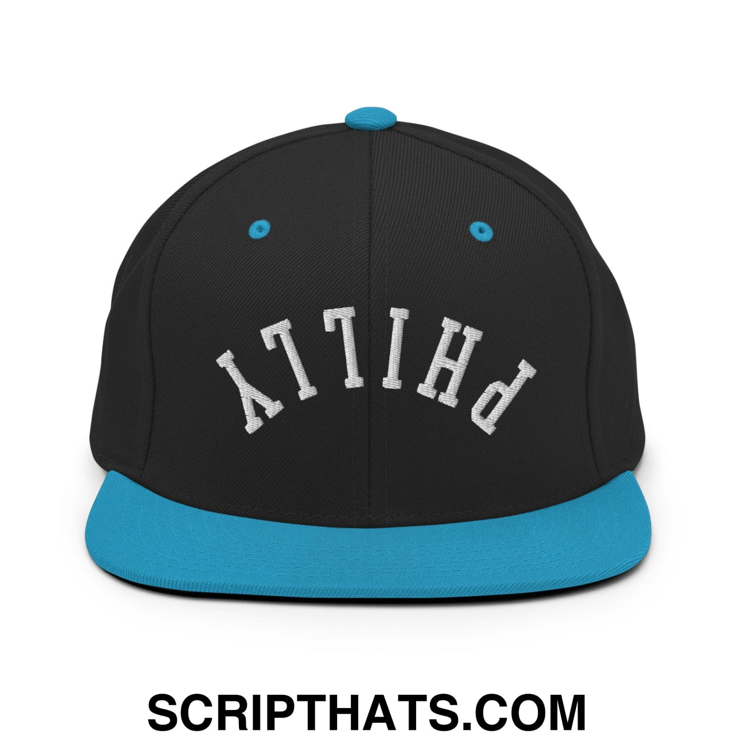 Upside Down Philly Embroidered Flat Bill Brim Snapback Hat Black Teal