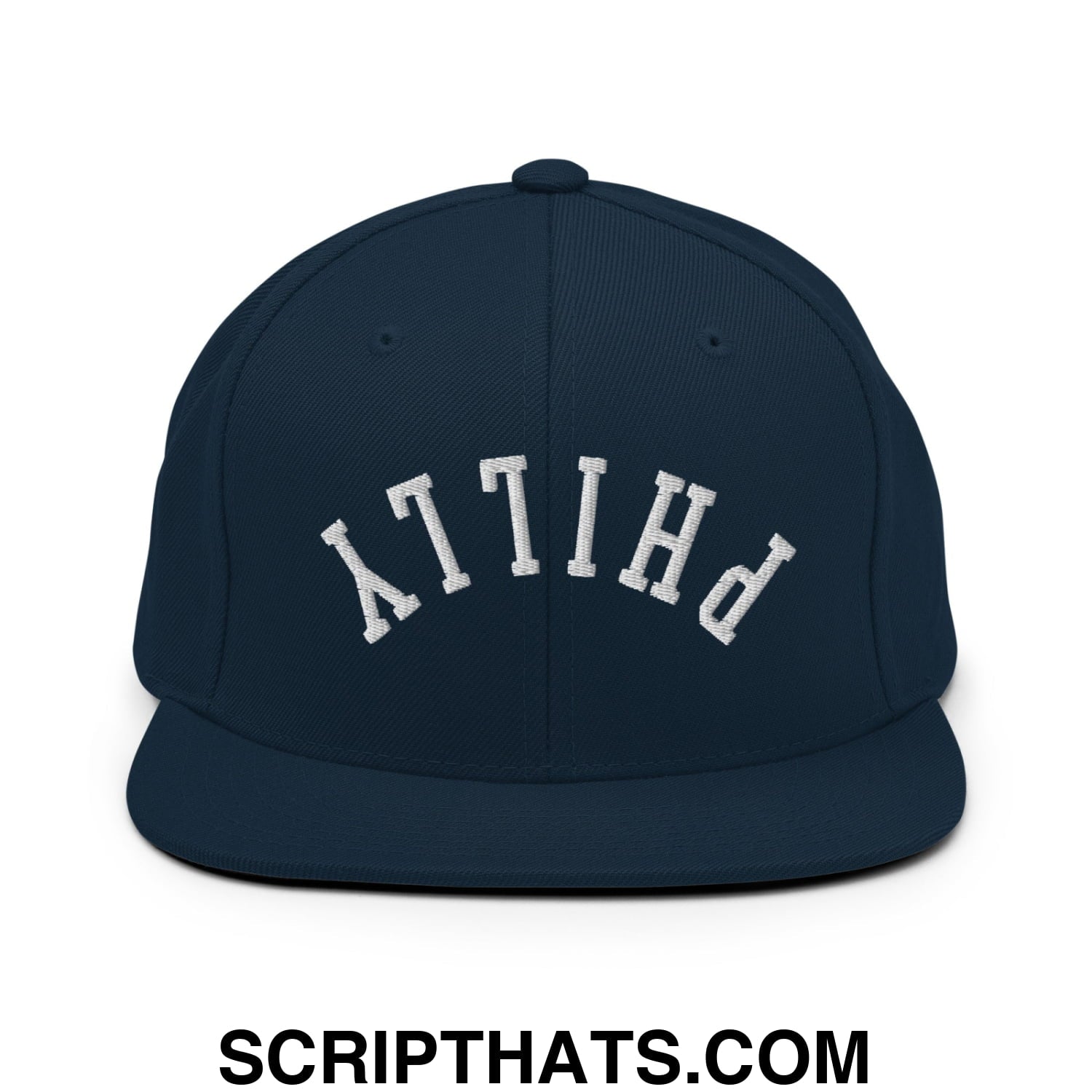 Upside Down Philly Embroidered Flat Bill Brim Snapback Hat Dark Navy