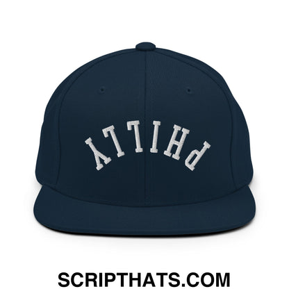 Upside Down Philly Embroidered Flat Bill Brim Snapback Hat Dark Navy