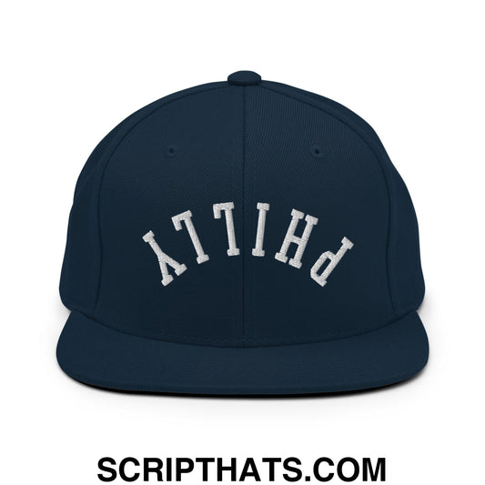 Upside Down Philly Embroidered Flat Bill Brim Snapback Hat Dark Navy