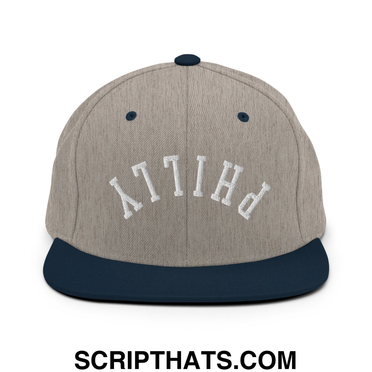 Upside Down Philly Embroidered Flat Bill Brim Snapback Hat Heather Grey Navy