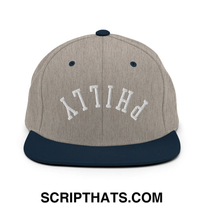 Upside Down Philly Embroidered Flat Bill Brim Snapback Hat Heather Grey Navy