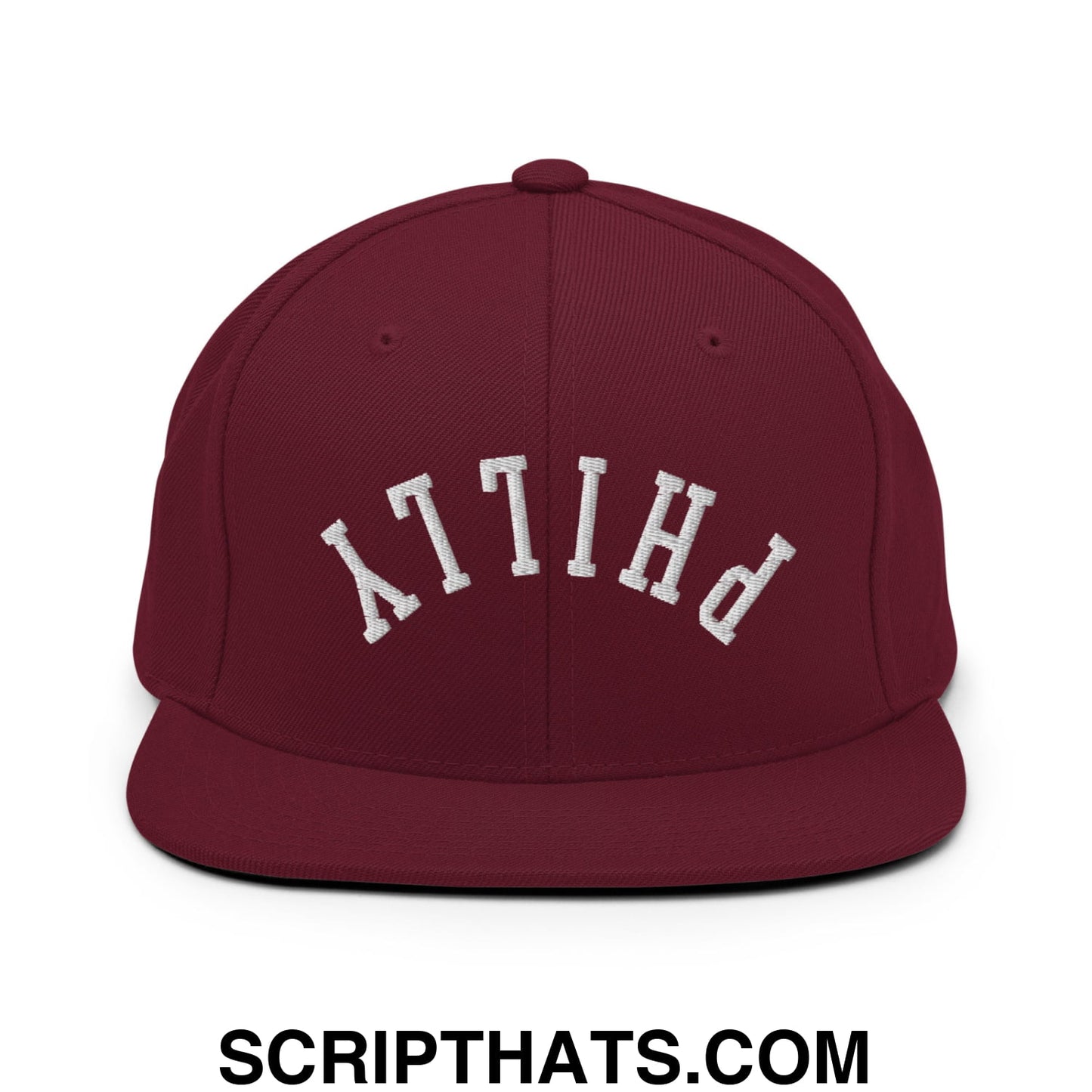 Upside Down Philly Embroidered Flat Bill Brim Snapback Hat Maroon