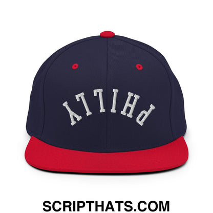 Upside Down Philly Embroidered Flat Bill Brim Snapback Hat Navy Red