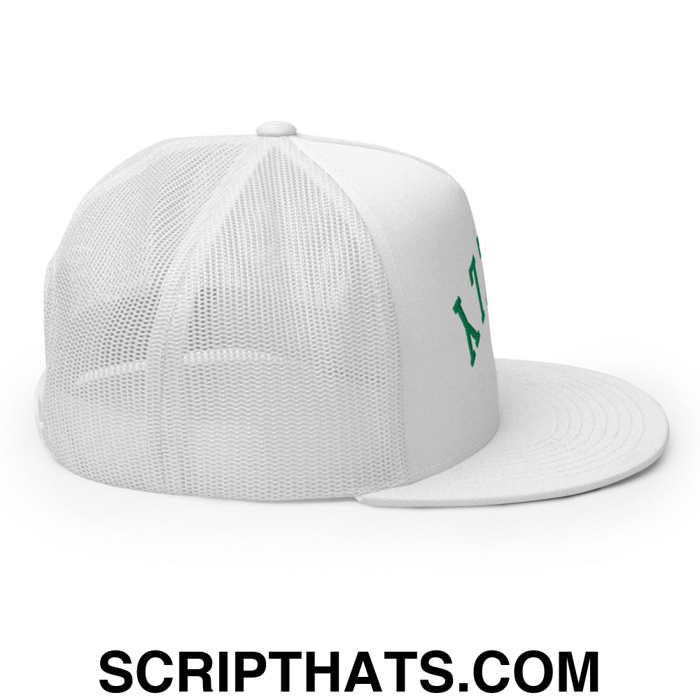 Upside Down Philly Embroidered Flat Bill Brim Trucker Hat White