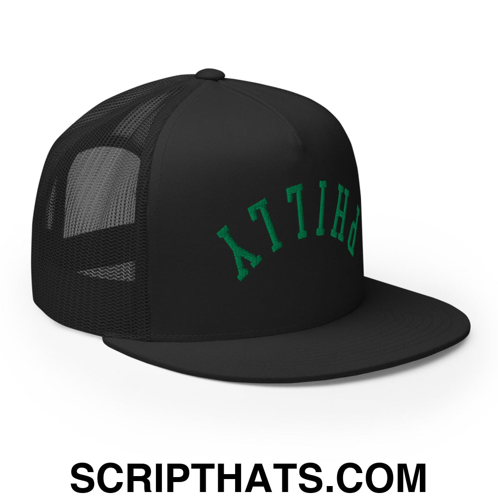 Upside Down Philly Embroidered Flat Bill Brim Trucker Hat Black