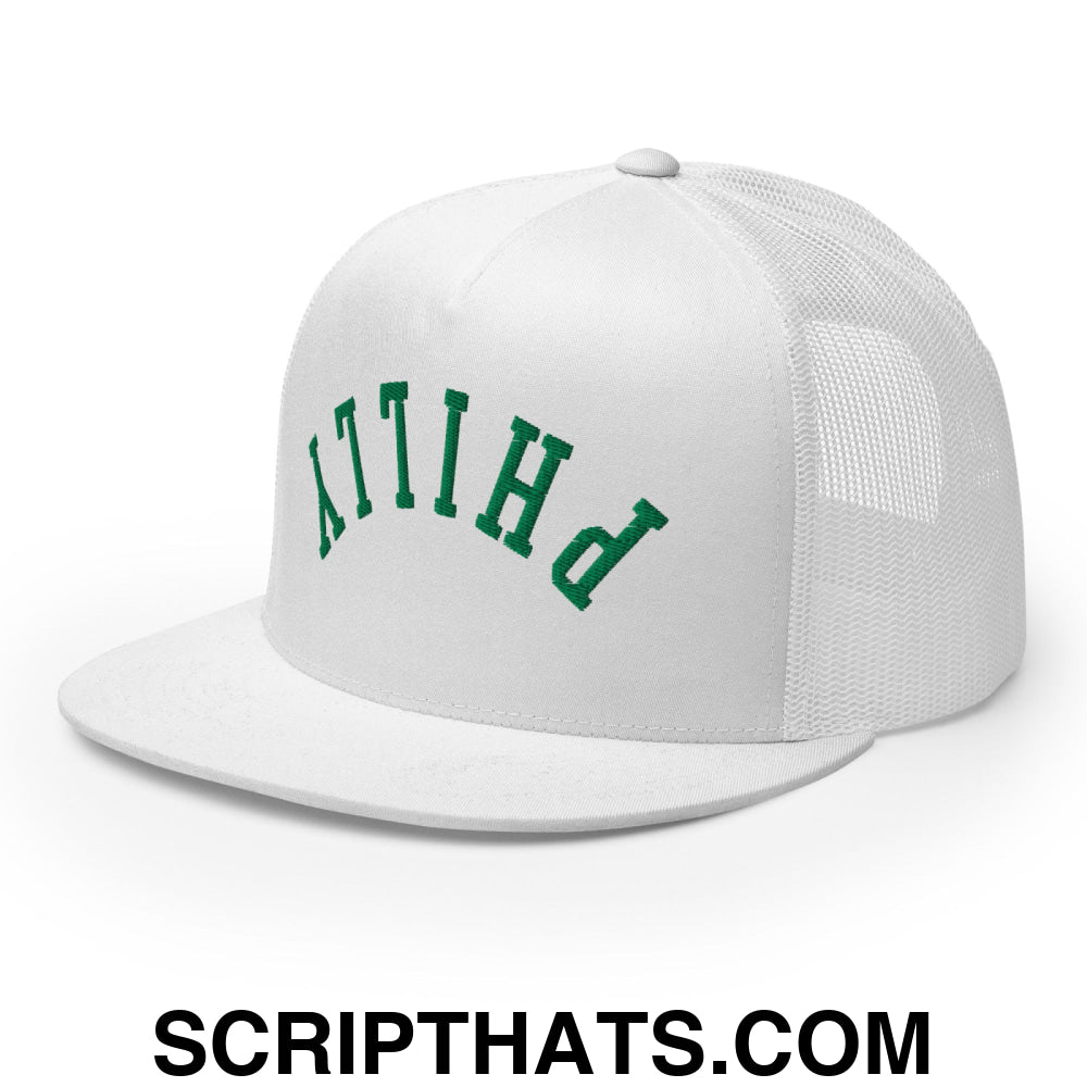 Upside Down Philly Embroidered Flat Bill Brim Trucker Hat White