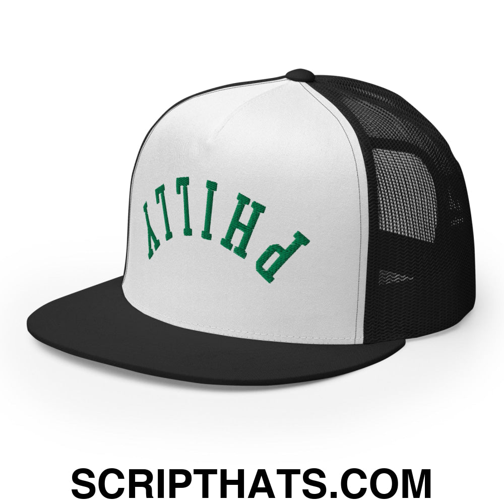 Upside Down Philly Embroidered Flat Bill Brim Trucker Hat Black White Black
