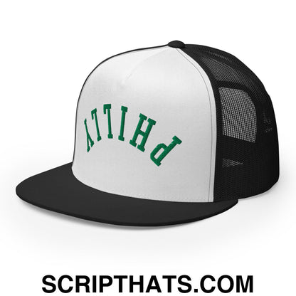 Upside Down Philly Embroidered Flat Bill Brim Trucker Hat Black White Black