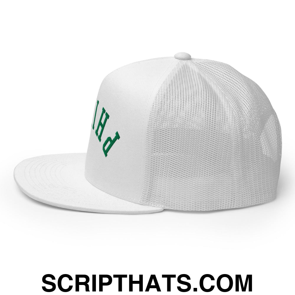 Upside Down Philly Embroidered Flat Bill Brim Trucker Hat White