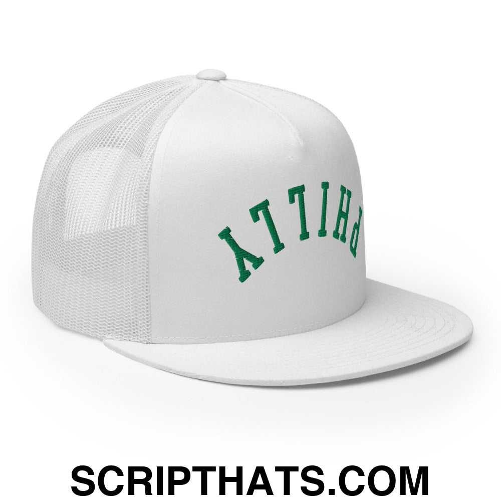 Upside Down Philly Embroidered Flat Bill Brim Trucker Hat White