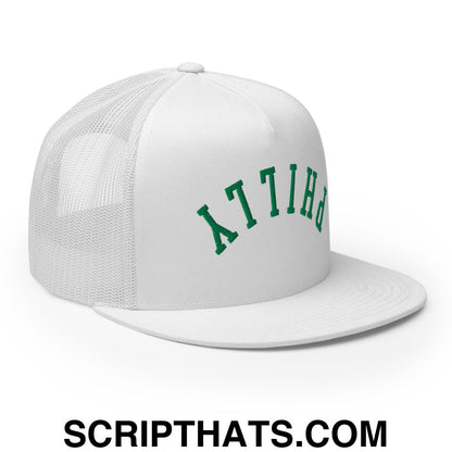 Upside Down Philly Embroidered Flat Bill Brim Trucker Hat White
