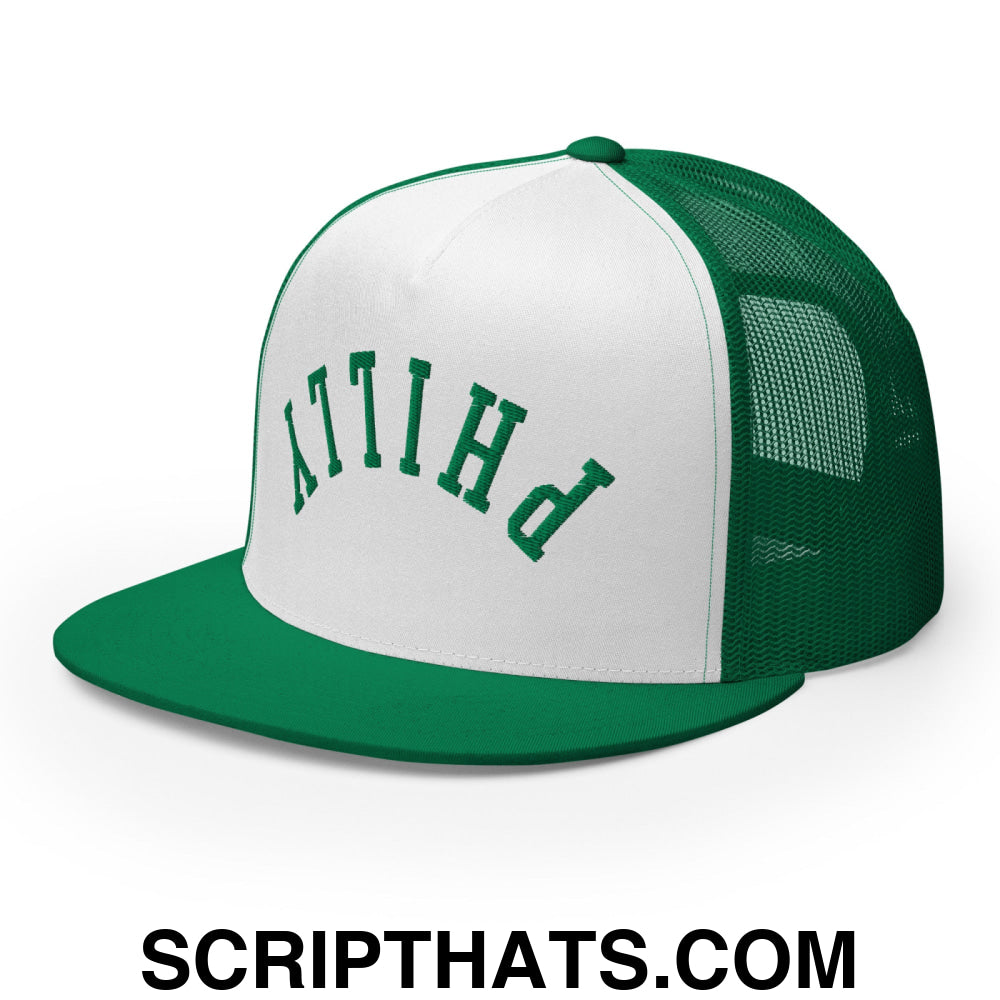 Upside Down Philly Embroidered Flat Bill Brim Trucker Hat Kelly White Kelly