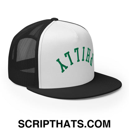 Upside Down Philly Embroidered Flat Bill Brim Trucker Hat Black White Black