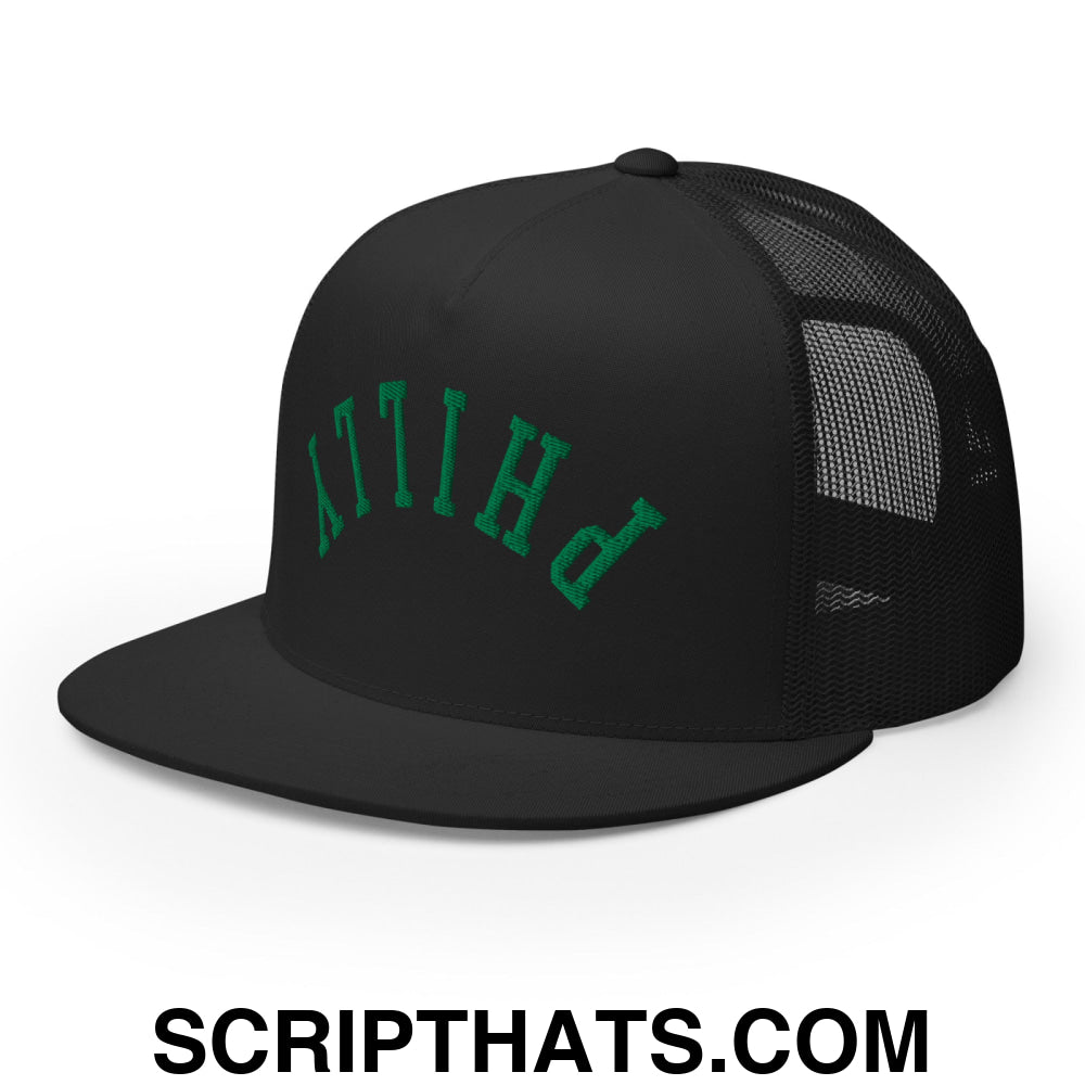 Upside Down Philly Embroidered Flat Bill Brim Trucker Hat Black