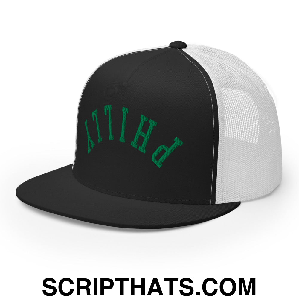 Upside Down Philly Embroidered Flat Bill Brim Trucker Hat Black White