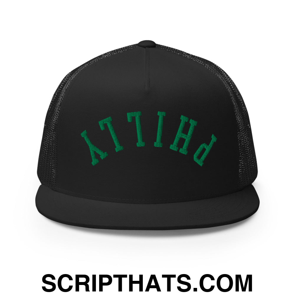Upside Down Philly Embroidered Flat Bill Brim Trucker Hat Black