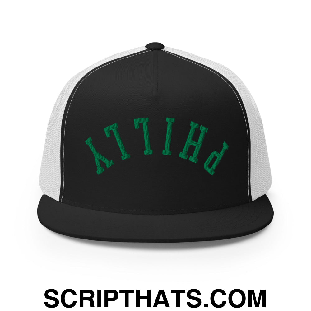 Upside Down Philly Embroidered Flat Bill Brim Trucker Hat Black White