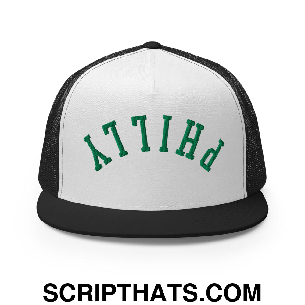 Upside Down Philly Embroidered Flat Bill Brim Trucker Hat Black White Black