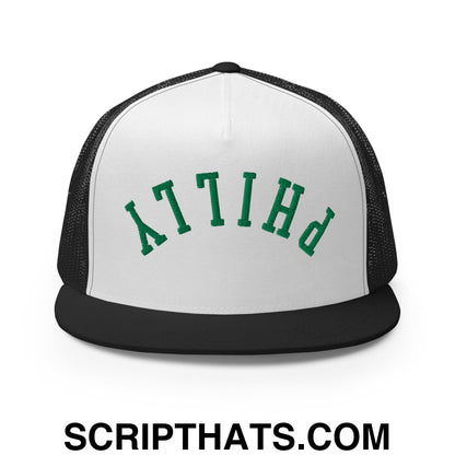 Upside Down Philly Embroidered Flat Bill Brim Trucker Hat Black White Black