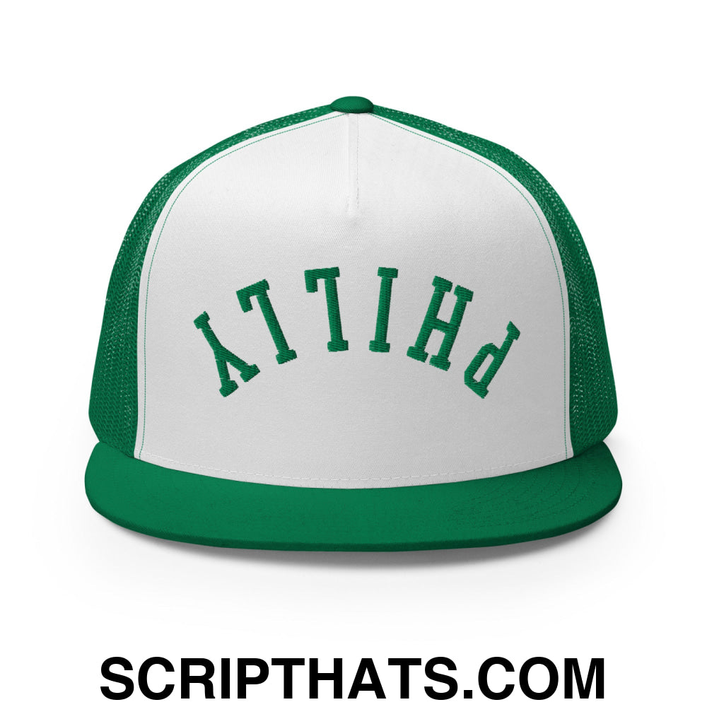 Upside Down Philly Embroidered Flat Bill Brim Trucker Hat Kelly White Kelly