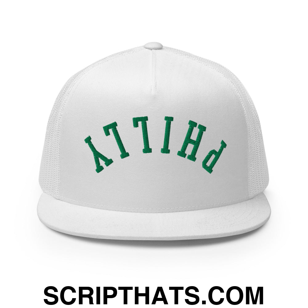 Upside Down Philly Embroidered Flat Bill Brim Trucker Hat White