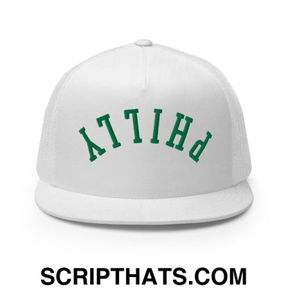 Upside Down Philly Embroidered Flat Bill Brim Trucker Hat White