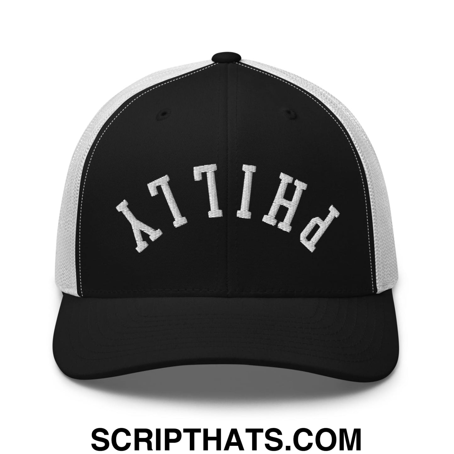 Upside Down Philly Embroidered Mesh Trucker Hat Black White