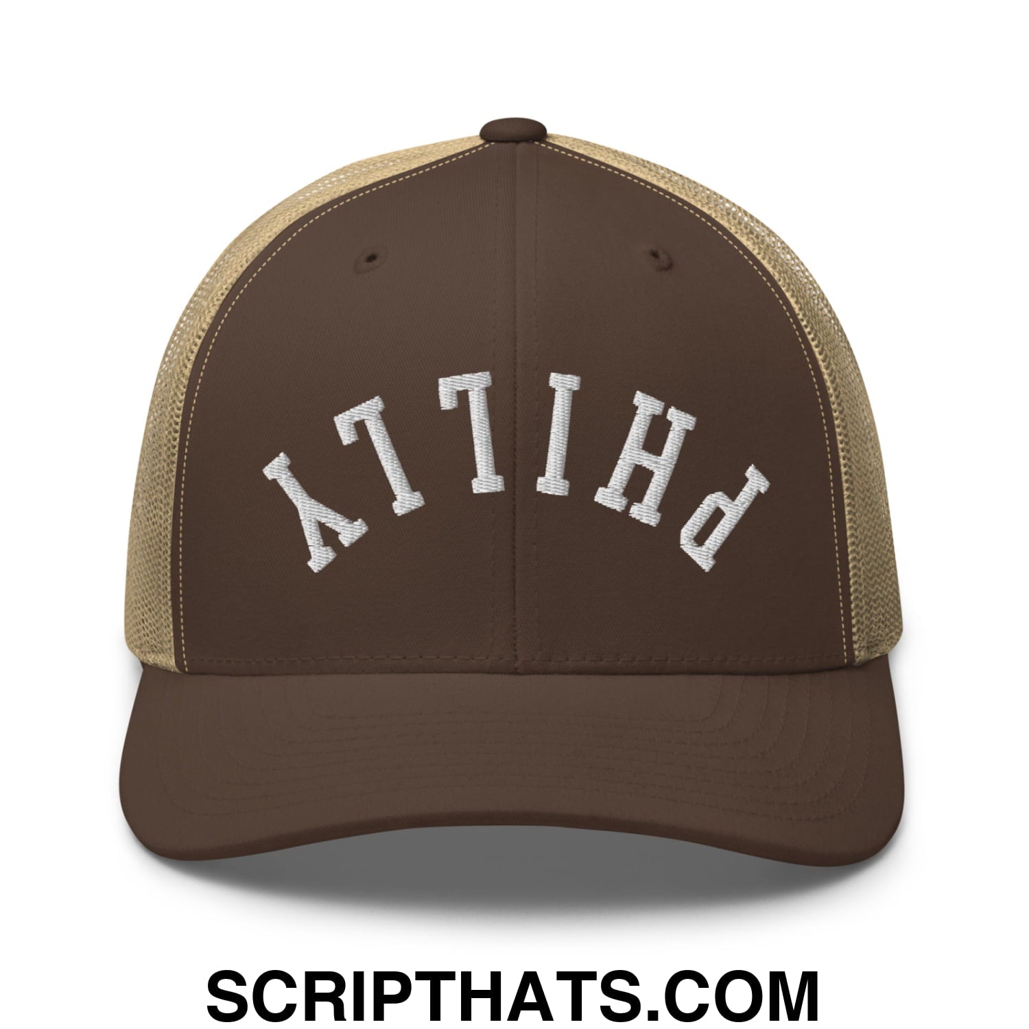 Upside Down Philly Embroidered Mesh Trucker Hat Brown Khaki