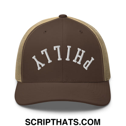 Upside Down Philly Embroidered Mesh Trucker Hat Brown Khaki