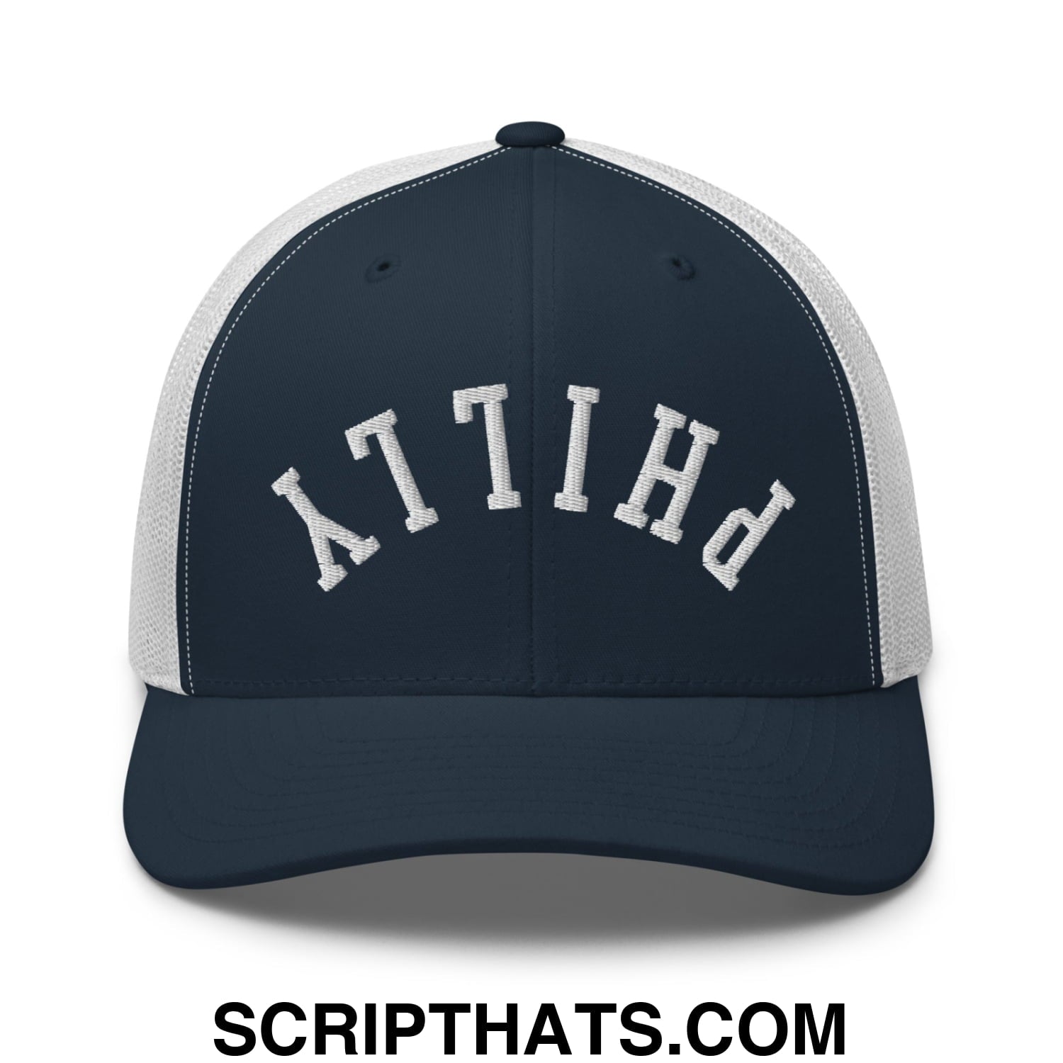 Upside Down Philly Embroidered Mesh Trucker Hat Navy White