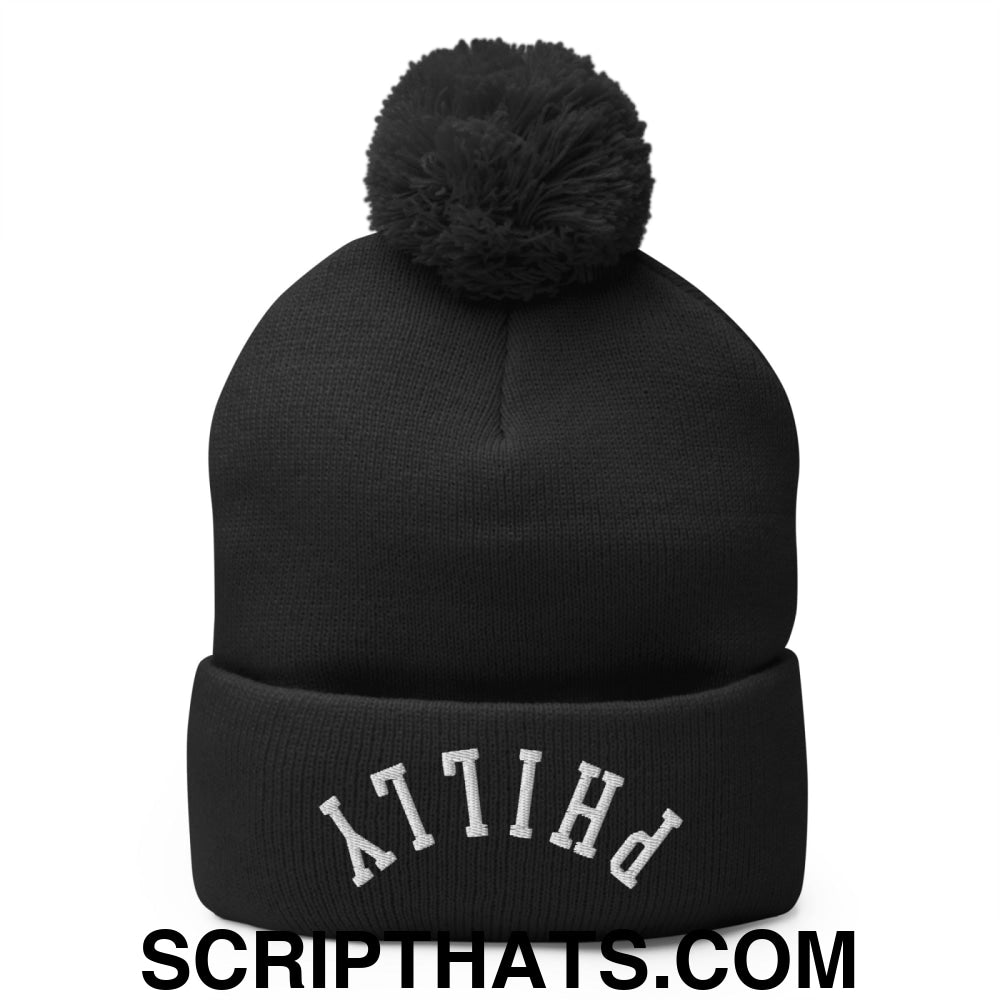 Upside Down Philly Embroidered Pom Pom Knit Beanie Black