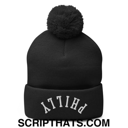 Upside Down Philly Embroidered Pom Pom Knit Beanie Black