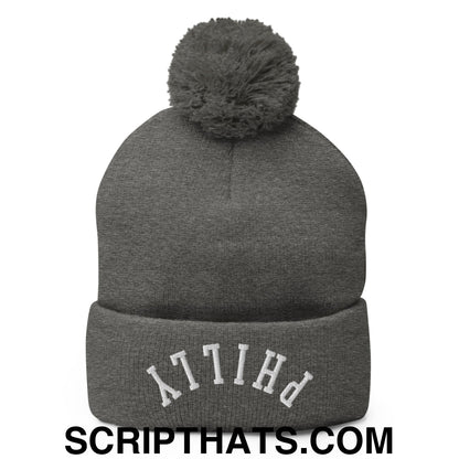 Upside Down Philly Embroidered Pom Pom Knit Beanie Dark Heather Grey