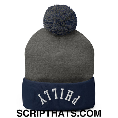 Upside Down Philly Embroidered Pom Pom Knit Beanie Dark Heather Grey Navy