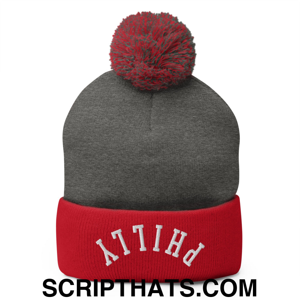 Upside Down Philly Embroidered Pom Pom Knit Beanie Dark Heather Grey Red