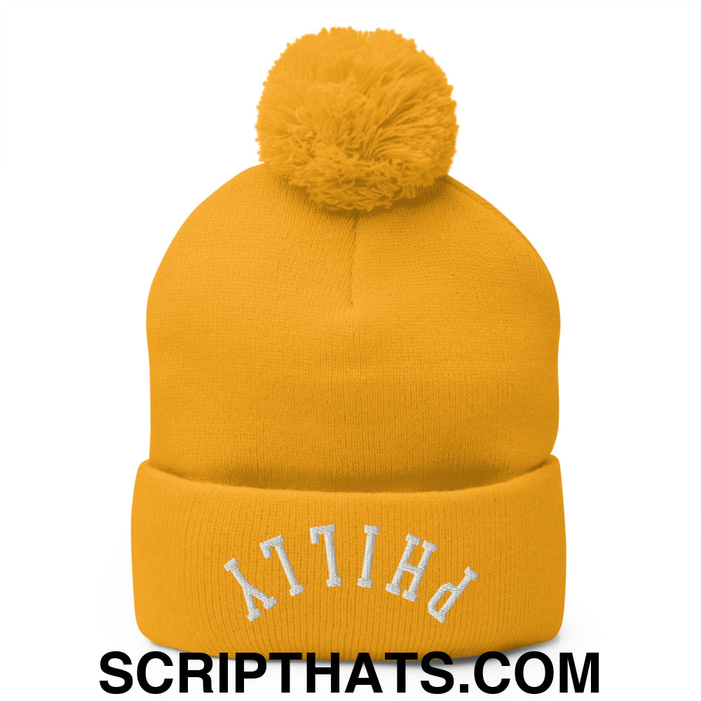 Upside Down Philly Embroidered Pom Pom Knit Beanie Gold