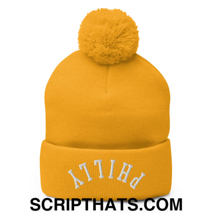 Upside Down Philly Embroidered Pom Pom Knit Beanie Gold
