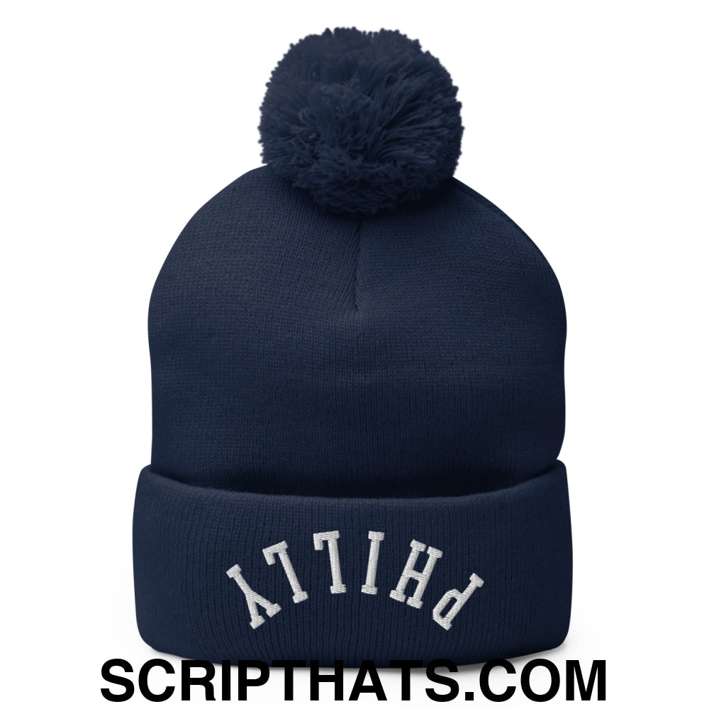 Upside Down Philly Embroidered Pom Pom Knit Beanie Navy